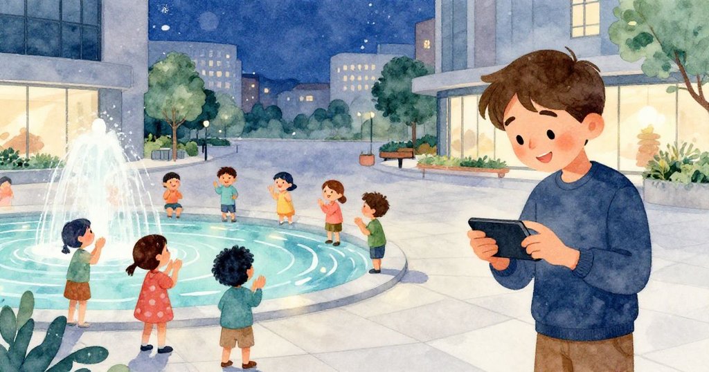 系統穩定後孩子在噴泉邊歡笑拍手,馬泰奧微笑整理工具,溫馨夜晚與柔光在廣場上交織。