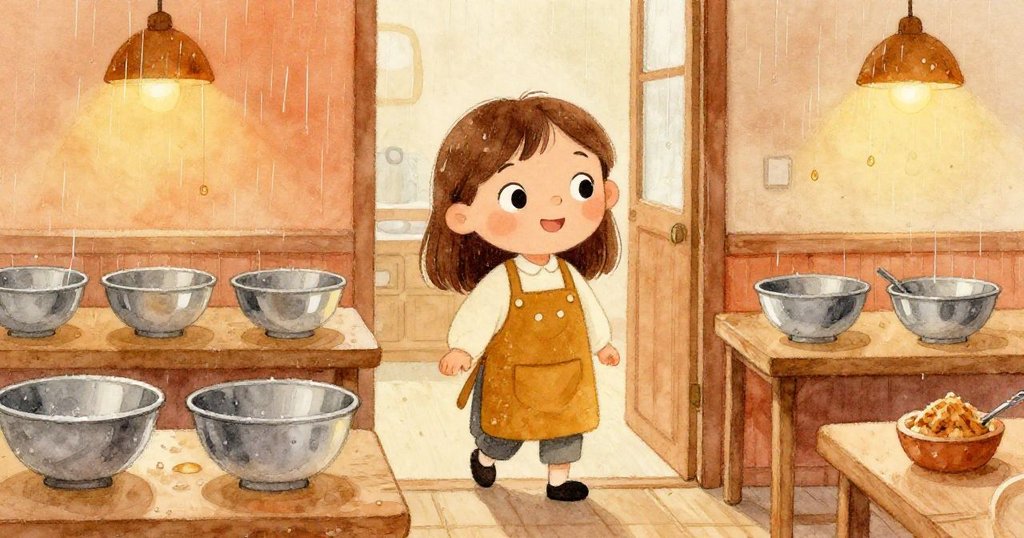 Nora 穿著舒適圍裙進入溫馨廚房教室，雨聲襯托下她滿懷期待迎接新的挑戰。