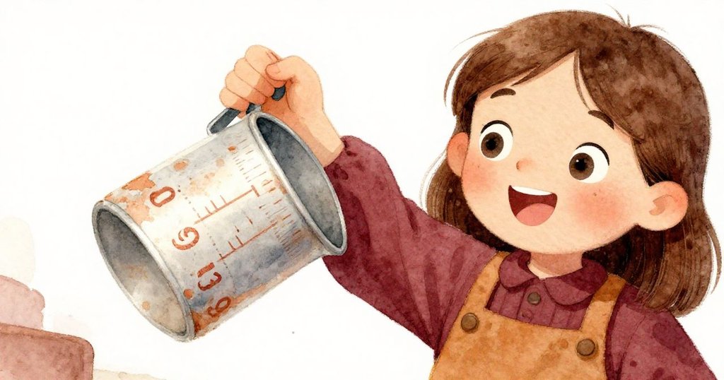 Nora 輕輕拿起刻有淡化數字的計量杯，其動作展現出探索與期待，象徵著傳統與希望。