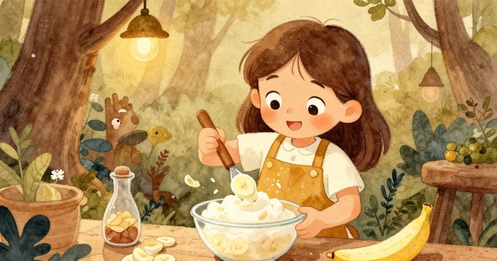 Nora 仰望自己專注混合麵糊的面容，動作中展現堅定與創意，環境充滿溫暖家居細節。