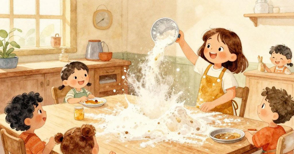 從高處俯瞰廚房教室，麵粉隨風旋轉飛散，Nora 嚴肅整理灑落粉末，展現出意外轉折的瞬間。