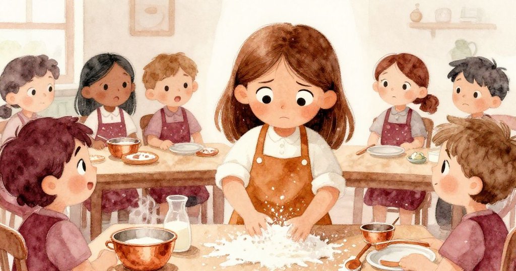 Nora 撲向灑落的麵粉，用布快速清理，同學驚訝卻流露理解，使場面充滿緊張又溫暖的情緒。