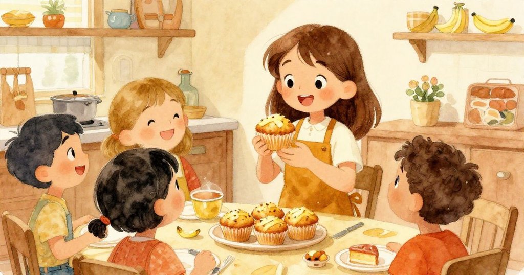 Nora 與同學分享金黃鬆餅，同學們齊揚大拇指傳遞喜悅，室內洋溢著甜美溫馨的結局。