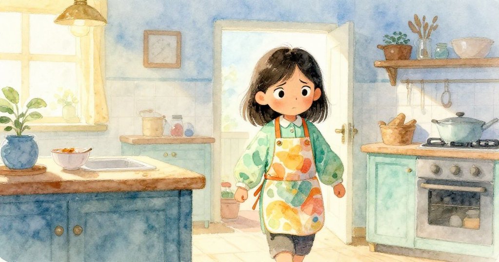 Mira走入溫暖廚房，穿著濕潤外套，臉上流露期待與興奮，背景晨光映照。