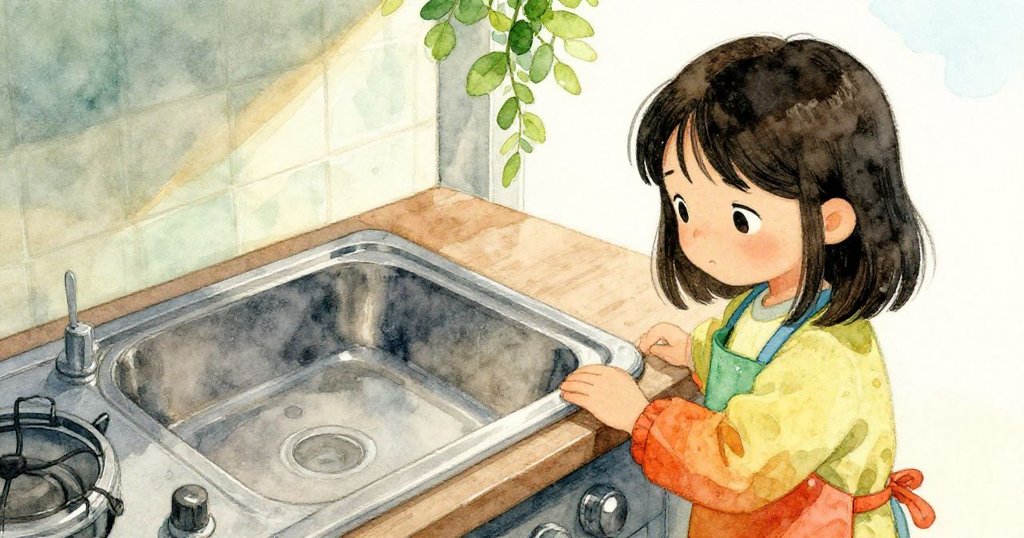 Mira低頭檢查空置的器具槽，表情驚訝疑惑，匯聚廚房細膩木質紋理和綠褐色調。