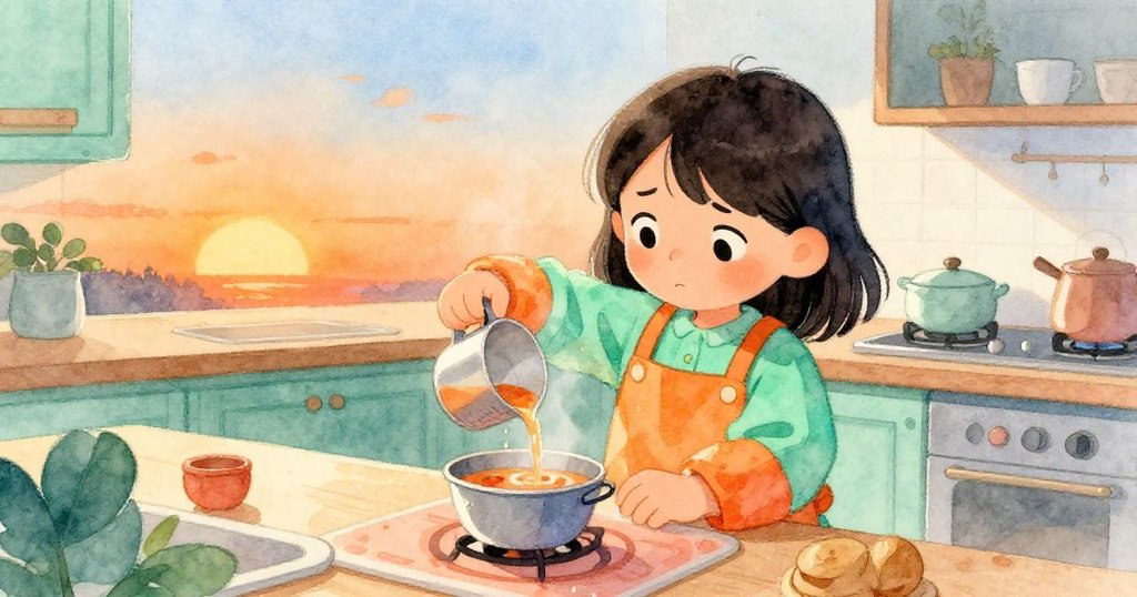Mira從背後視角操作量杯倒湯，神情專注，夕陽橙光映照廚房台面，呈現緊張學習氣氛。