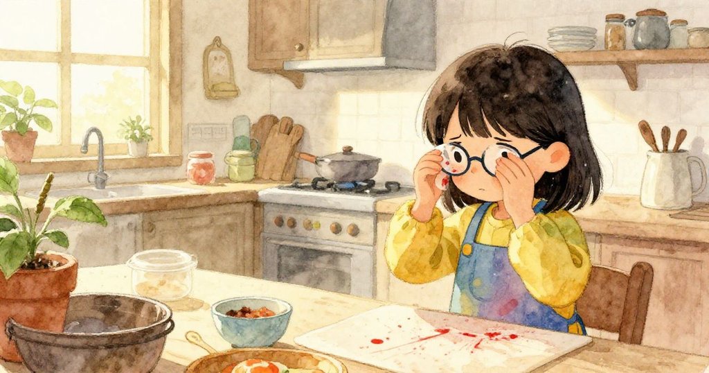 Mira在溫馨廚房忙碌擦眼鏡，蒸氣繚繞，背景時鐘顯示時間流逝，細節豐富呈現廚藝挑戰。