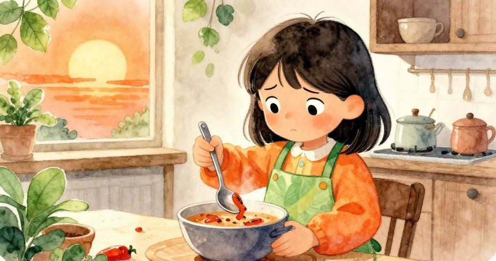 Mira在廚房中用小湯匙輕攪湯鍋，加入烤椒，表情堅定選擇，暖光環繞洋溢溫情。