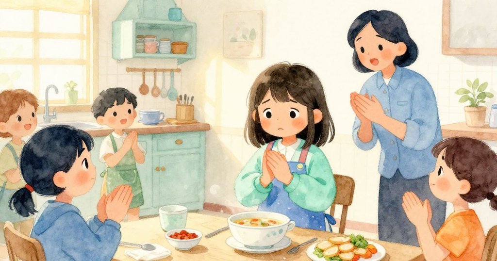 Mira在溫暖廚房中微笑接受師生掌聲，身旁湯鍋與同學互動，成就感溢於言表，氛圍溫馨。