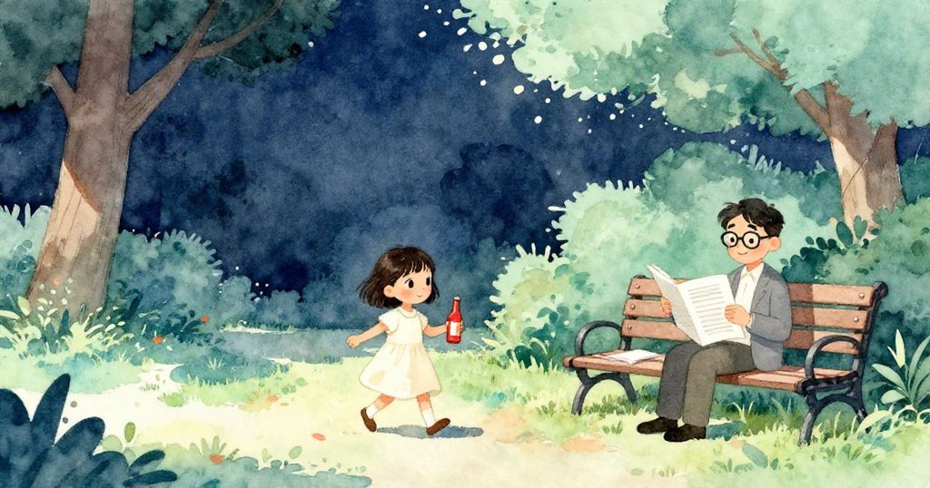 小女孩手持紅色瓶子在綠意盎然的公園散步，記者坐在長椅上閱讀筆記，陽光燦爛，畫面充滿希望與活力。