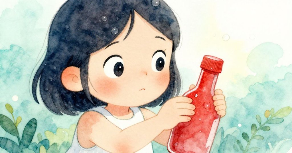 近距離展示小女孩驚訝的眼神，聚焦紅瓶頑固的瓶蓋和陽光下閃爍的水珠，充滿驚奇與探索的瞬間。