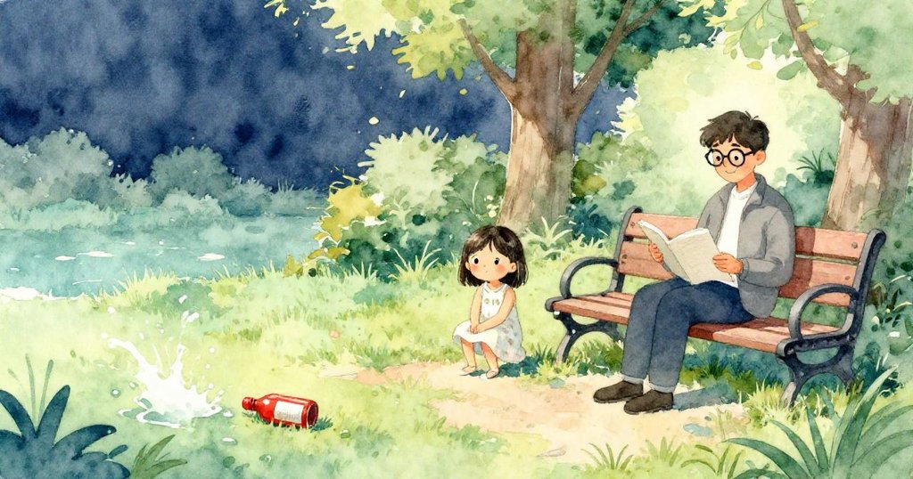 公園恢復寧靜，濕潤草地上紅瓶靜置，小女孩靜思注視，記者坐在長椅上平和閱讀，夕陽下氛圍溫柔。