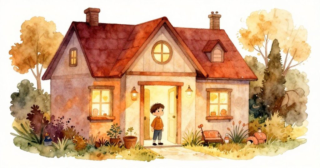 Milo站在溫暖家園前，晨光輕灑庭院，期待滿懷準備進入家中奇妙冒險故事啟程。