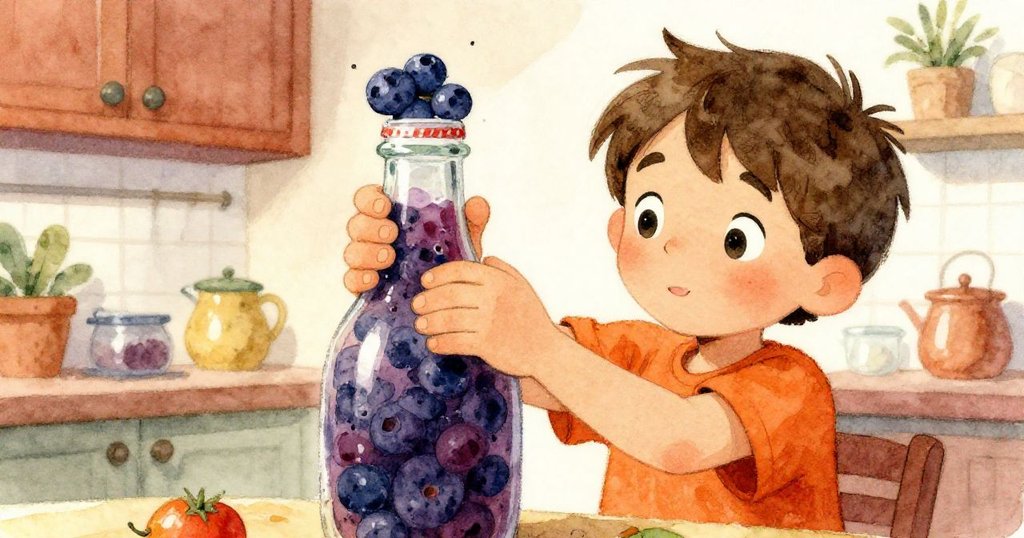 Milo在明亮廚房中用雙手用力扭動藍莓果汁瓶蓋，神情專注且充滿勇氣迎接挑戰。
