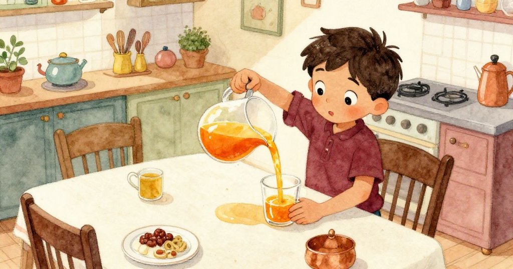 從上方視角看見Milo在廚房桌上倒橙汁，杯子與果汁細節明顯，動作專注展現家庭溫馨氣氛。