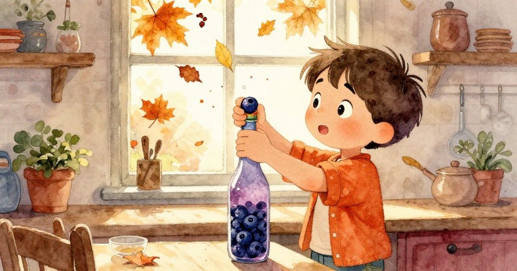 Milo在廚房中透過窗戶觀察秋日落葉，溫暖光線映襯下再次扭動藍莓瓶蓋，神情堅定充滿希望。