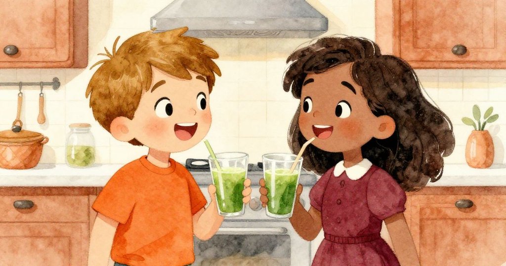 Milo與Nia在廚房共享綠汁，Milo興奮拍手，Nia微笑走近，臉上洋溢著家庭溫馨和快樂。