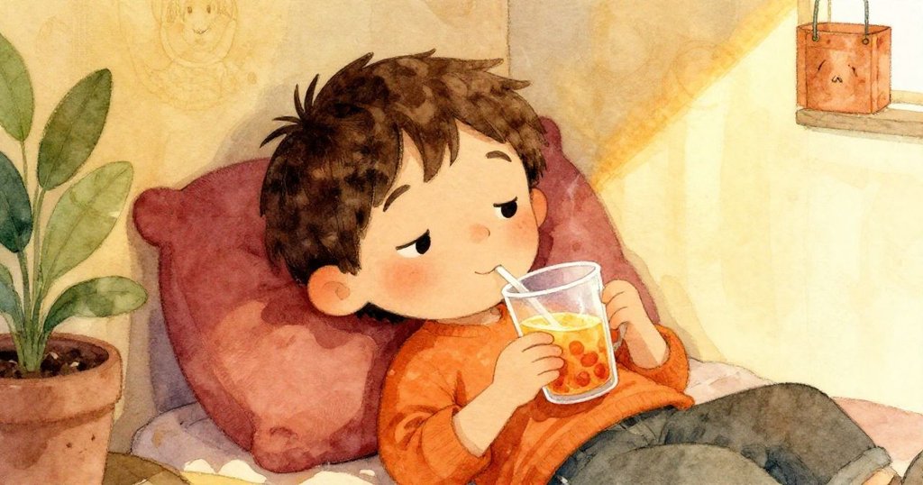 Milo坐在溫馨角落中靜靜休憩，柔和燈光映襯出滿足微笑與甜美回憶，傳遞家庭安寧。