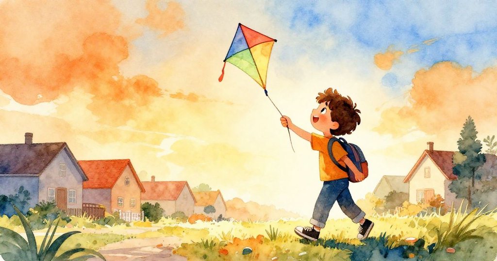 艾略在溫暖陽光下攜帶鮮豔風箏與背包，輪廓清晰穿過寧靜街道，一臉期待與快樂的表情。