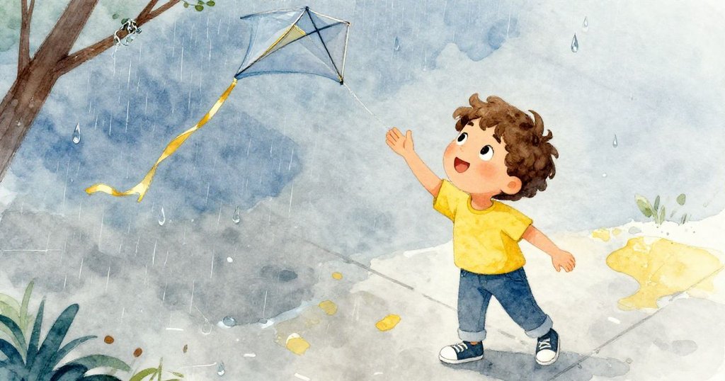 艾略在淅瀝細雨中踩著濕滑路面，堆箱試圖取回纏於低枝風箏，雨滴映出清新光影，臉上充滿堅定。