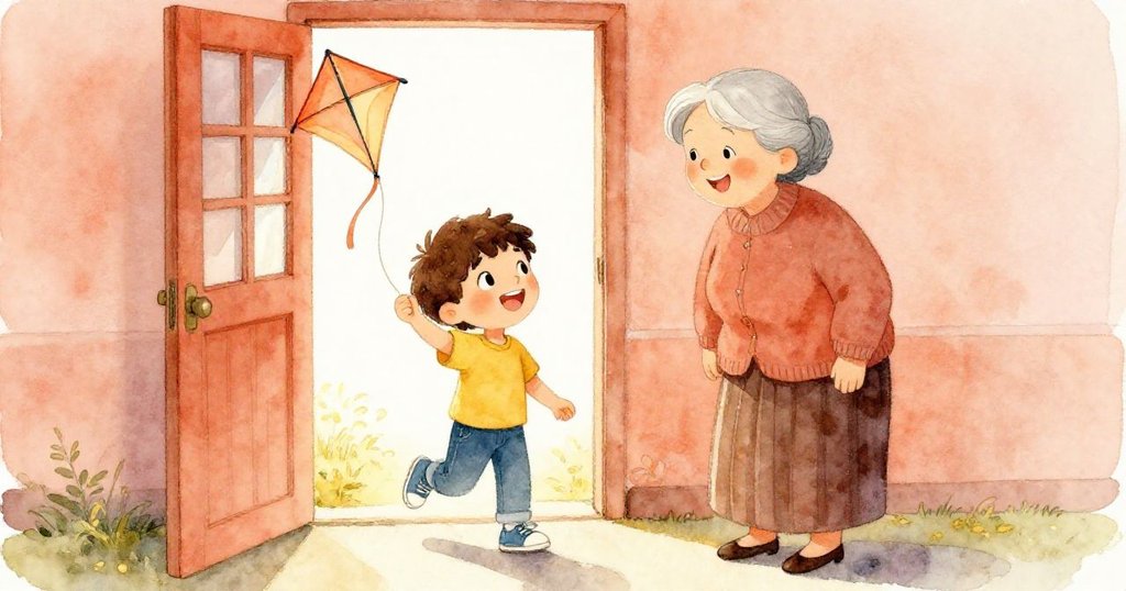 艾略與奶奶在開放門前熱情相見，彼此擁抱展示取回風箏，溫暖氛圍中滿載著家的安心與快樂。