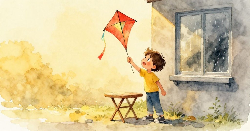 艾略在金色夕陽中小心將風箏放於奶奶小桌上，窗外雨滴輕點玻璃，畫面溫馨安寧，結尾充滿幸福感。