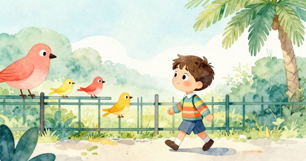 提姆在清晨的街道上散步，籬笆旁鳥兒跳躍，展現寧靜溫暖的出發情景，臉上洋溢著愉悅。