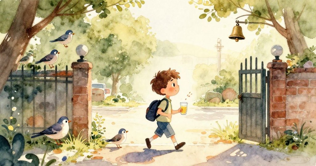 提姆小心握住色彩明亮的果汁盒，手勢穩重專注，背景模糊呈現出他的細緻動作，充滿童趣。