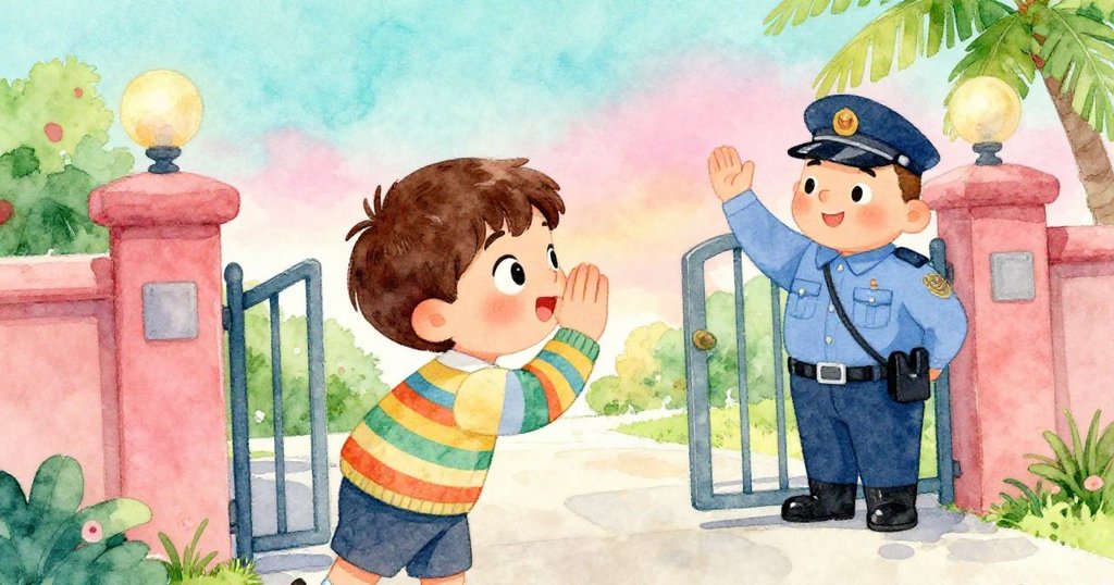 提姆在校門前輕聲問好，守衛愉快揮手迎接，傾斜視角捕捉了溫馨互動與明亮戶外光影。