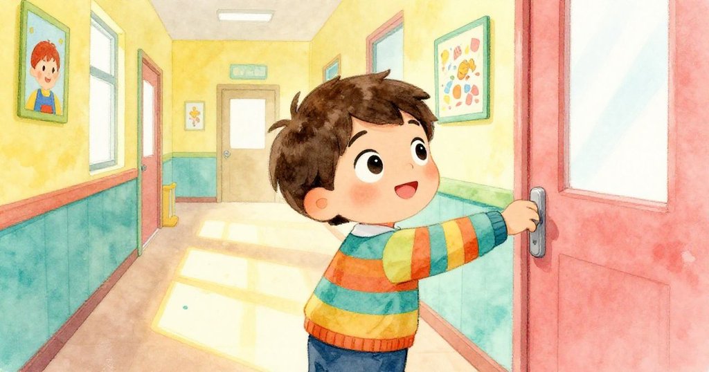 提姆走進光亮走廊，陽光與海報交錯映照，伸手觸碰教室門，流露出對未知的期待與興奮。