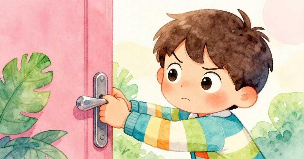 提姆在教室門前努力扭動門把手，臉上露出堅定與小小掙扎，展現進入體育館前面臨挑戰的瞬間。