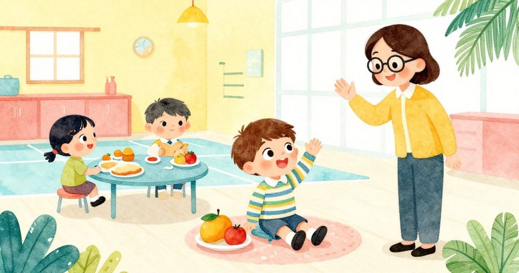 提姆在寬敞體育館內與同學們共享早餐，老師親切揮手，整體場景明亮溫馨，充滿快樂與滿足。