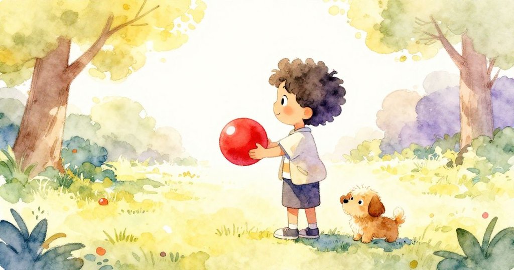 小孩牽著小狗1步入陽光普照的公園,手持鮮紅球,其身影與背景交織出滿懷期待的愉悅情緒。