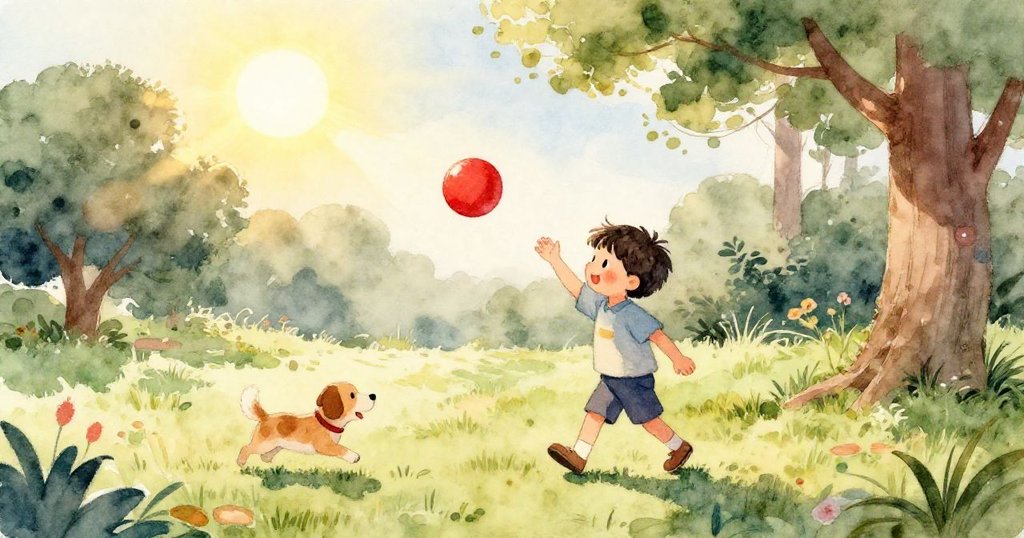 小孩握著鮮紅球的特寫鏡頭展現出細緻球面質感,傳遞出專注與童心探索的溫馨情緒。