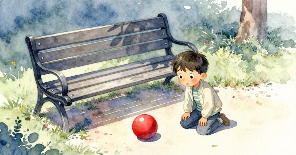 從高處俯瞰,小孩蹲於長椅邊焦急地望著因風吹而滾入陰影中的鮮紅球,流露出內心的柔情與思索。