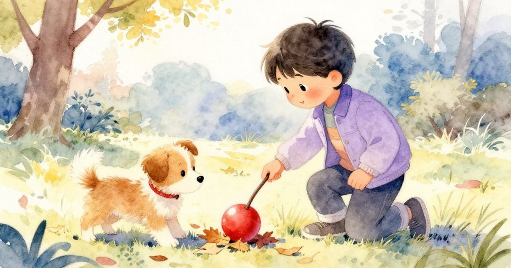 在秋日光影裡,小孩用細棍輕觸滾動中的鮮紅球,落葉隨著小狗1的步伐發出沙沙聲,充滿生機與細膩觸感。