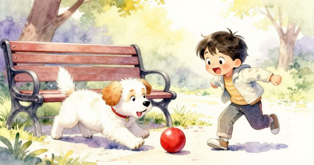 小狗2從長椅後躍出輕推鮮紅球,小孩因驚喜而展露笑容,與小狗1形成活潑互動,場景充滿生氣。