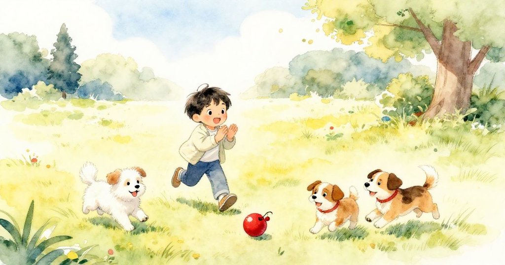 小孩與兩隻小狗在寬闊公園中追逐滾動的鮮紅球,臉上洋溢著歡笑與興奮,展現出美滿與希望的結局。