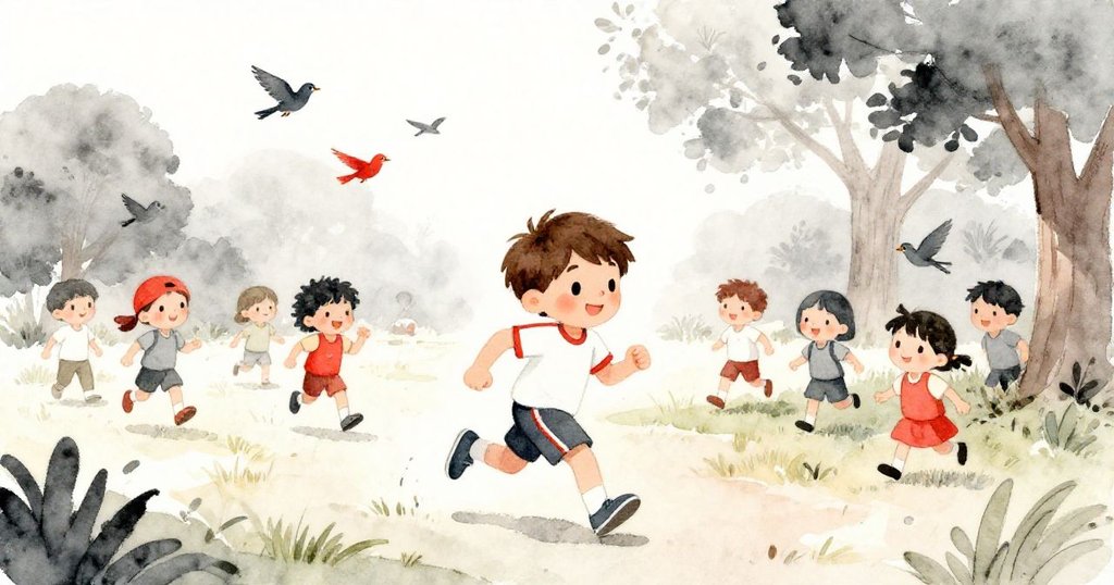 Leo穿著亮眼運動服在熱鬧校園中跑步，旁有孩子與小鳥圍繞，臉上展現迎接新冒險的期待與活力。