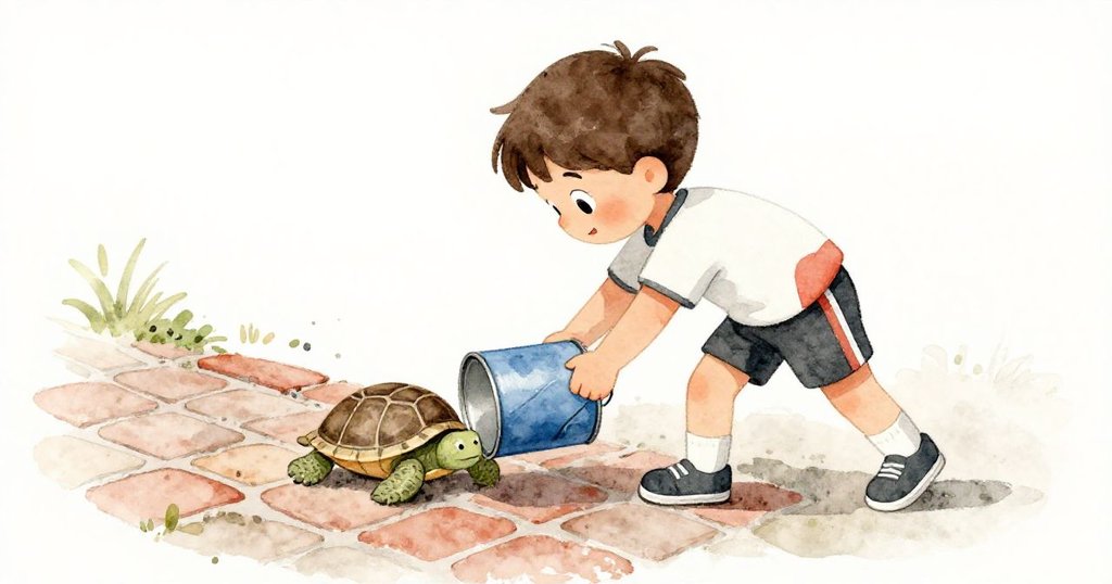 Leo從背影視角急速俯身舉起翻滾的油漆罐，發現下面正有一隻小烏龜努力掙扎，臉上帶著急切關懷的神情。