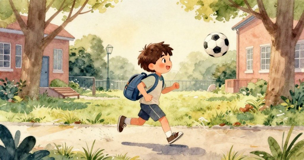 Leo踏入教室走廊，背包散落地上，鞋上留有藍漆痕跡，隱約回響的校鐘烘托出一場小小冒險的余韻。