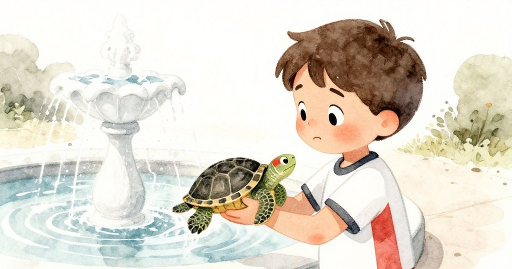 Leo在噴水池邊溫柔抱著剛救起的小烏龜，臉上流露出安心與關切，展現出溫柔救援的動人瞬間。