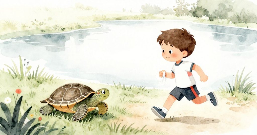 Leo在寧靜池塘邊輕放乾淨烏龜，周圍青草盎然，他擦拭鞋上藍漆後平靜奔向教室，畫面充滿安詳氣氛。