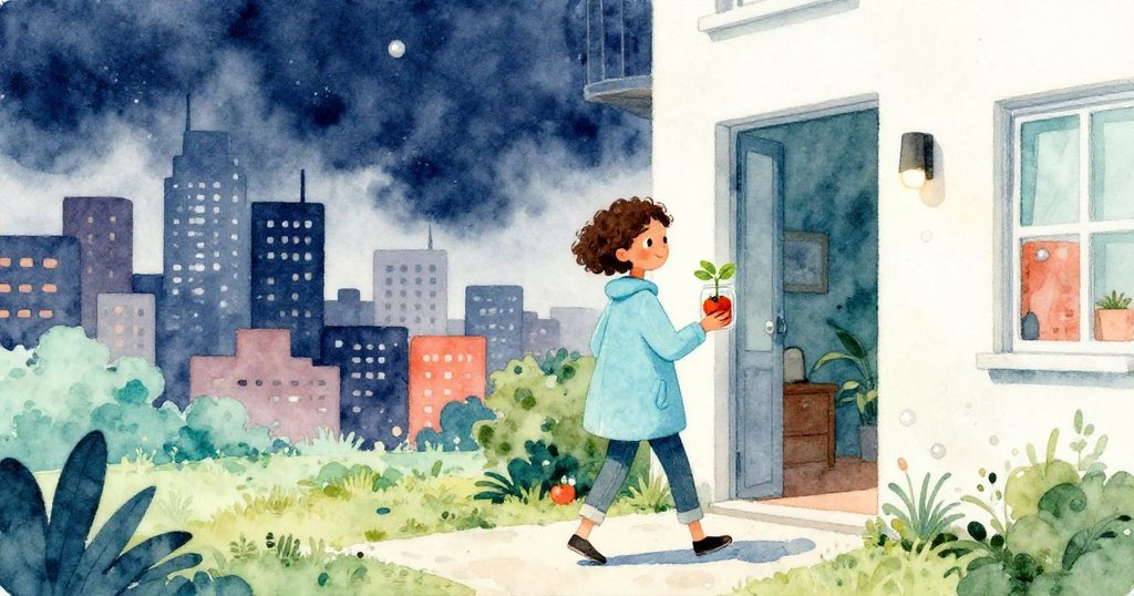 Lucy穿著藍色外套從公寓大門踱步而出，背景是城市與聚雲，臉上帶著堅定而期待的表情。