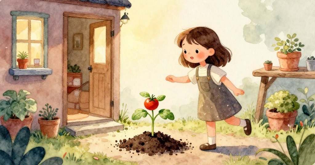 Lucy專注地用雙手托著裝番茄苗的玻璃罐，紙板飲料架細節清晰，動作小心而充滿希望。