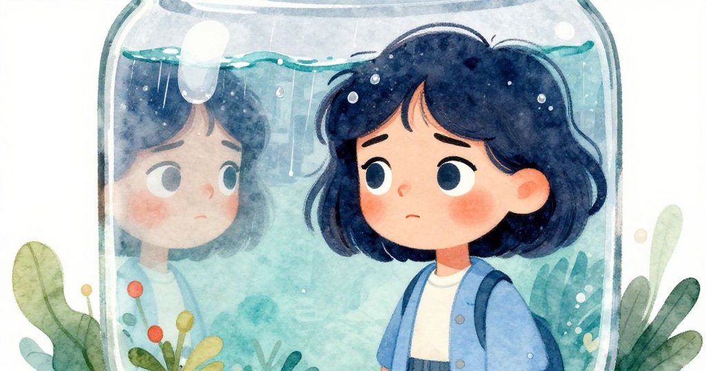 雨滴落在玻璃罐上，反射出Lucy堅毅卻略帶焦慮的眼神，雨天氛圍濃厚，滿是詩意與現代感。