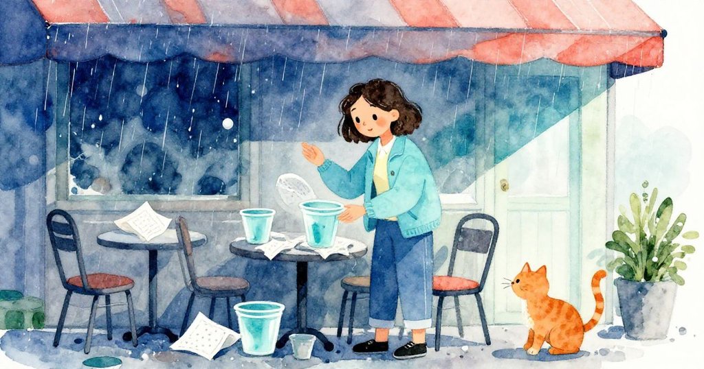 Lucy在咖啡廳外躲雨，與紙巾、塑膠盆互動，一隻薑貓友好地蹭向她，臉上露出略帶急切卻堅定的神情。