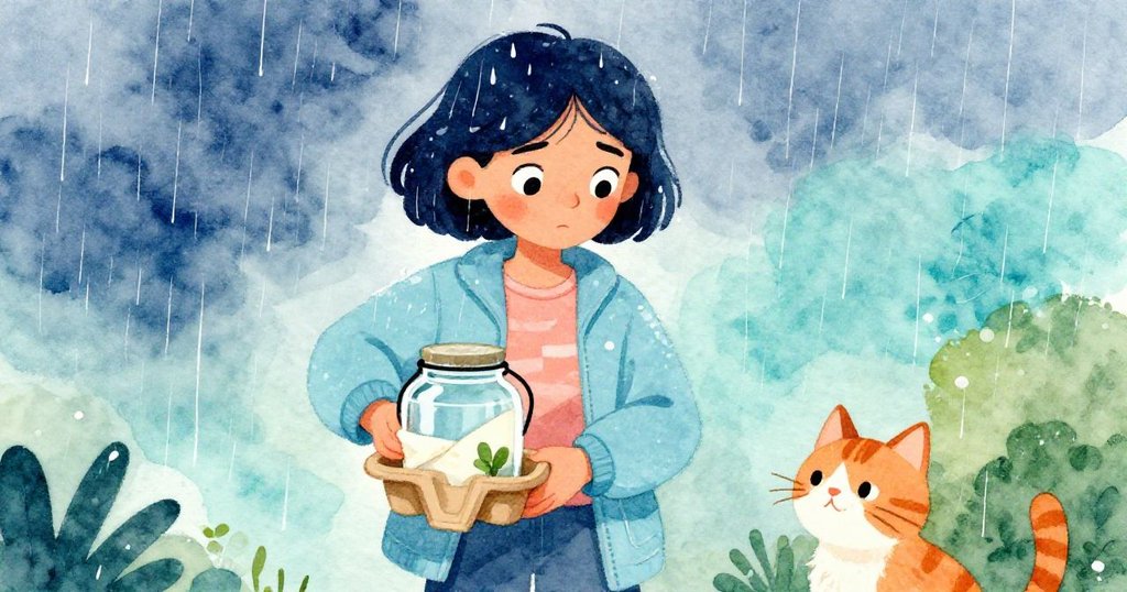 Lucy急中生智用紙巾包裹玻璃罐，換上堅固塑膠盆，薑貓靠近時她依然專注，雨勢中展現果斷。