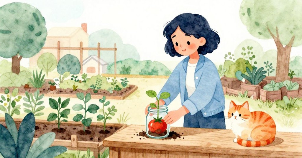 Lucy在雨後的社區花園中安放番茄苗，陽光溫暖灑下，薑貓靜臥於木檯旁，呈現出平和與喜悅的結局。