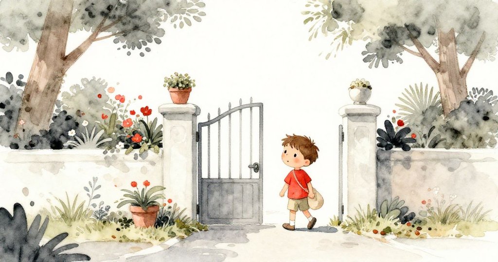 米洛走向花園大門，揮動著輕盈包包，沿著樹木搖曳的道路前進，畫面充滿溫暖與希望。